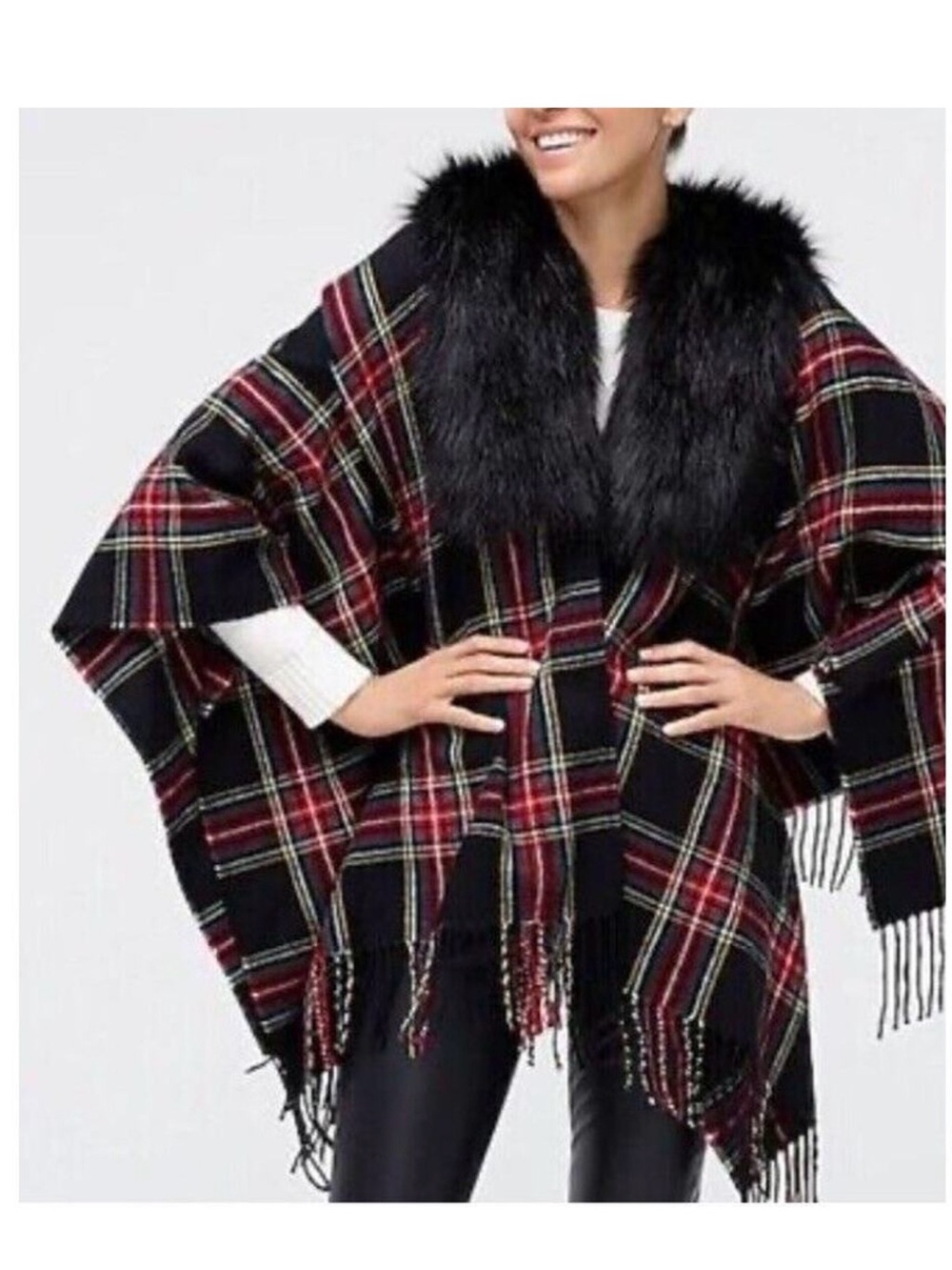 J. Crew - Women's Faux Fur Collar, Stewart Tartan Plaid Cape / Shawl / Wrap